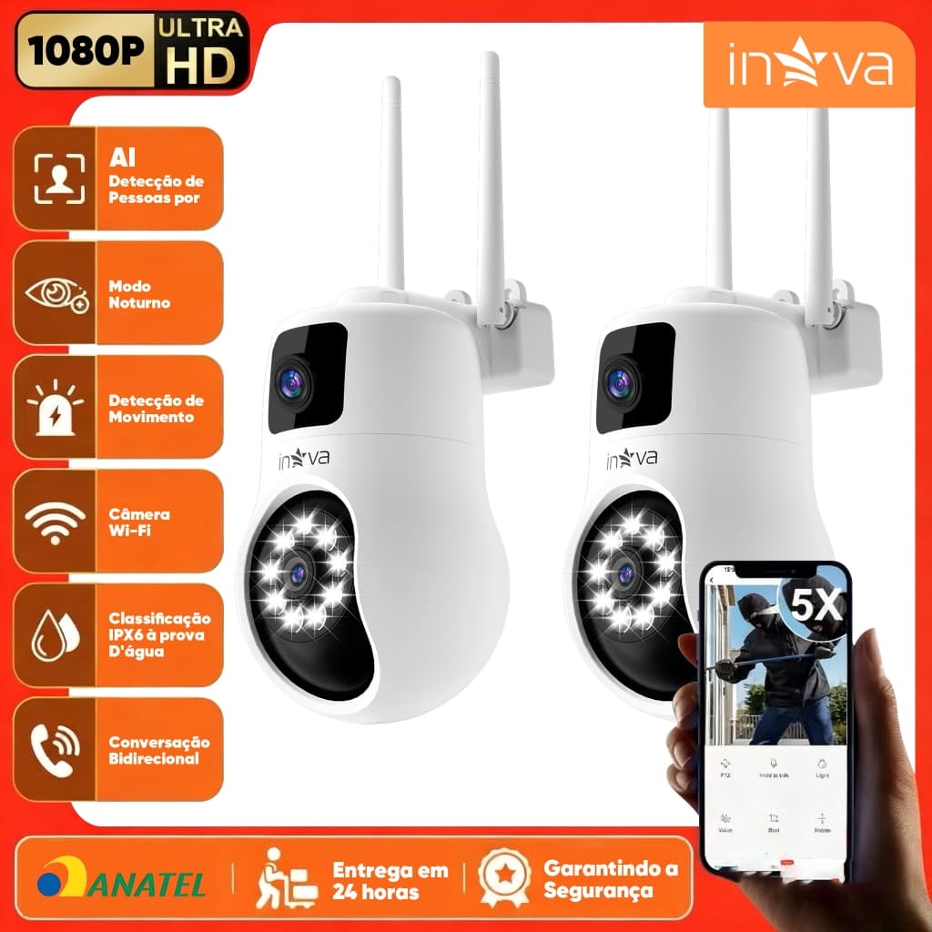 INOVA kit Câmera Segurança 4MP WiFi Rotativa 360° Visão Noturna Alarme Sirene IP66 App ICSEE