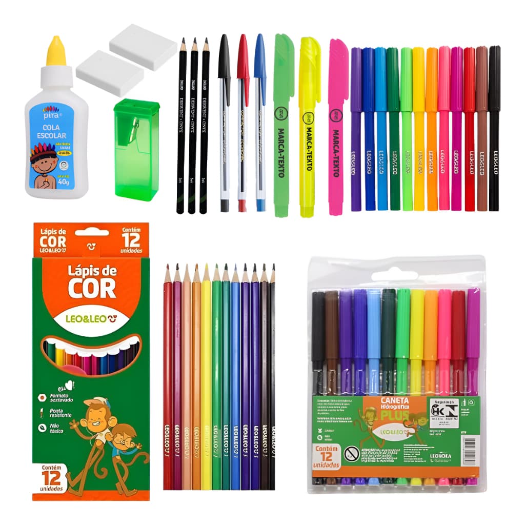 Kit Escolar Volta às Aulas 15itens-Papelaria-Material Escolar-Marca Texto-Canetinha-Lápis-Apontador