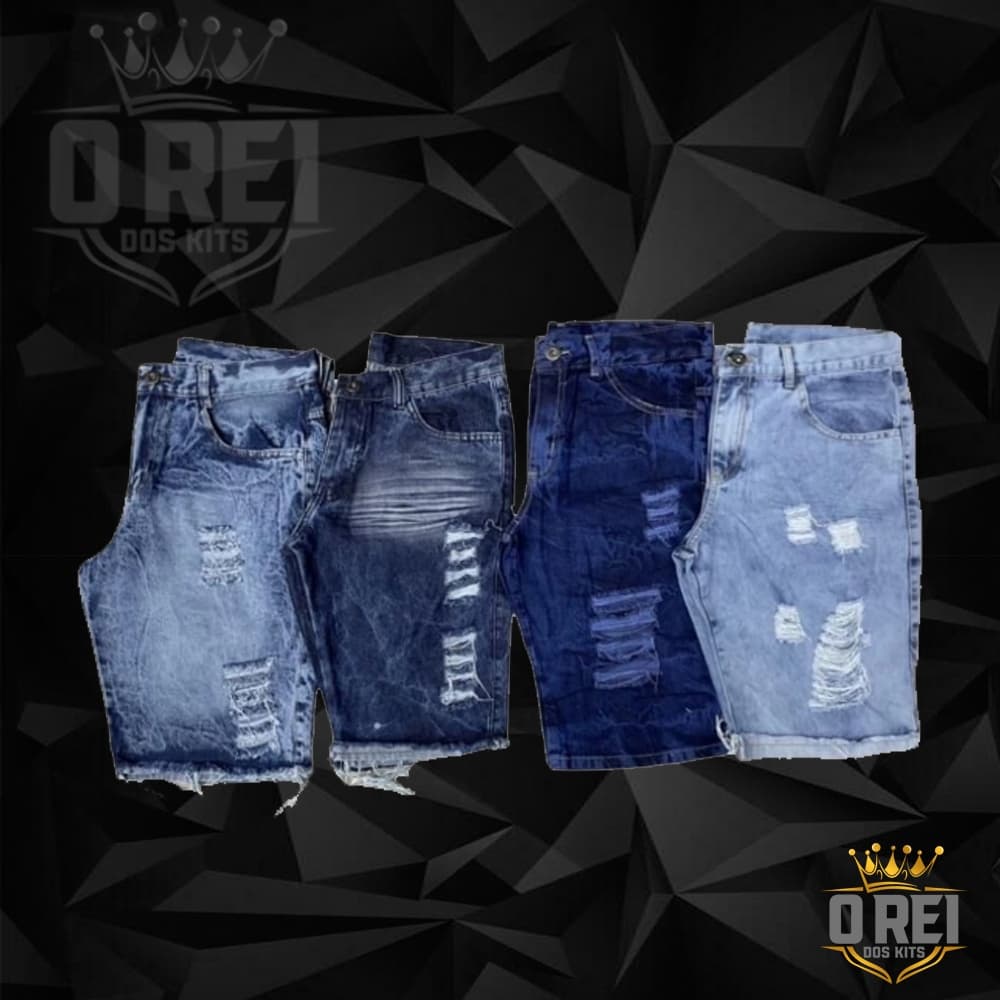 Kit 4 Shorts Jeans Masculino Rasgado Desfiado Bermudas Preta Branca Escura e Clara