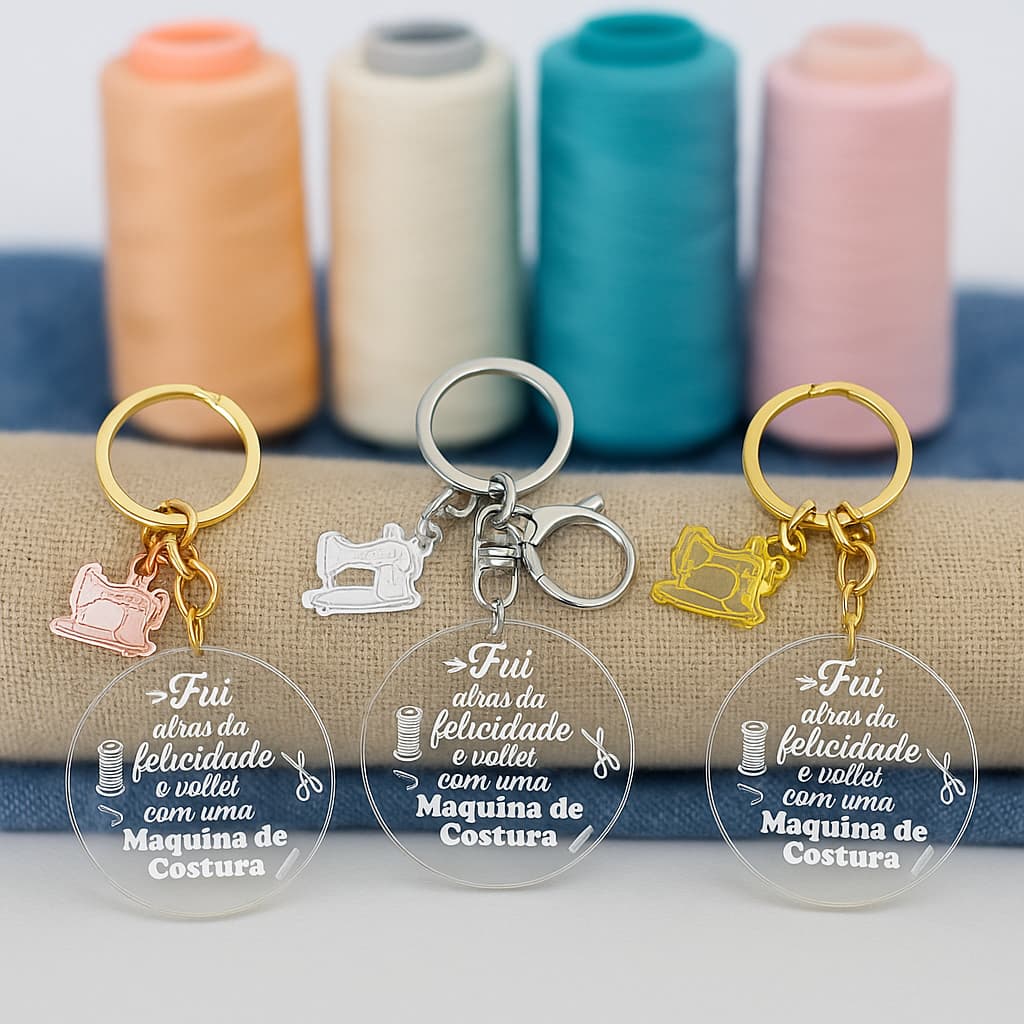Kit Chaveiros Personalizado Acrílico Espelhado Redondo Lembrancinha Maquina de Costura