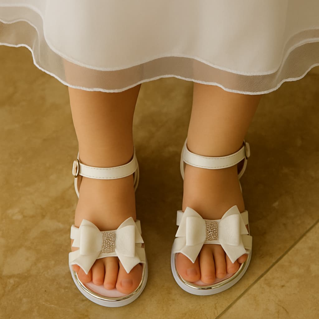 Sandália Infantil Menina Batizado Festa Sandalinha Confortável com Laço Branca e Strass Leve