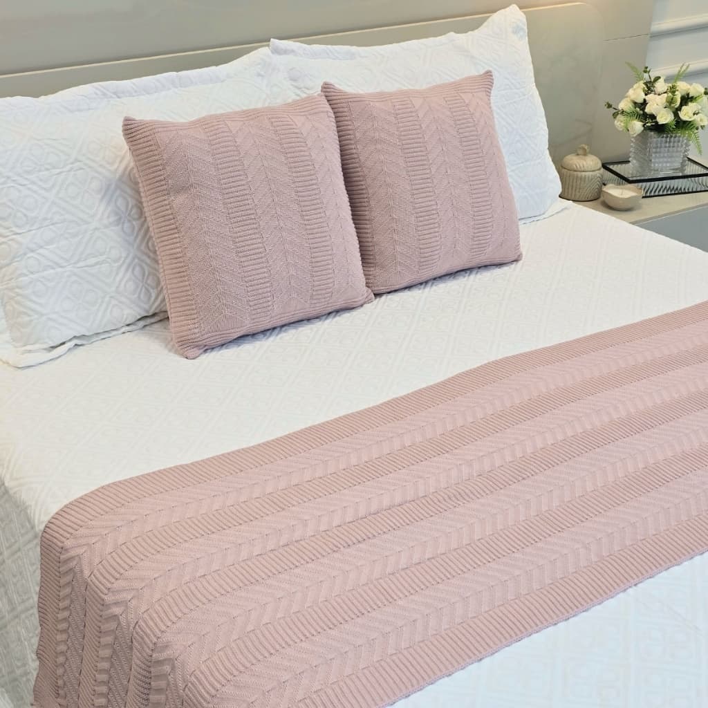 Kit Peseira Manta Tricot Cama Casal Queen King Links + 2 Capas Almofadas