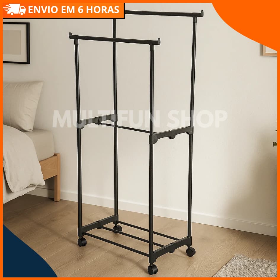 Arara de Roupas Dupla –  Estrutura em Ferro e Plástico PP. Modelo Compacto Multiuso