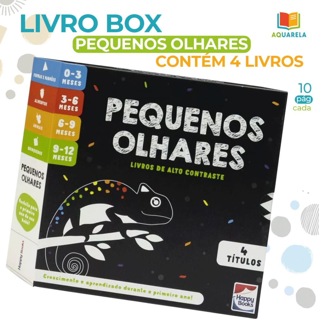 Box com 4 Livros Pequenos Olhares para Crianças de 0 á 12 Meses Contrastes Desenvolve Atenção e Foco nos Primeiros Meses