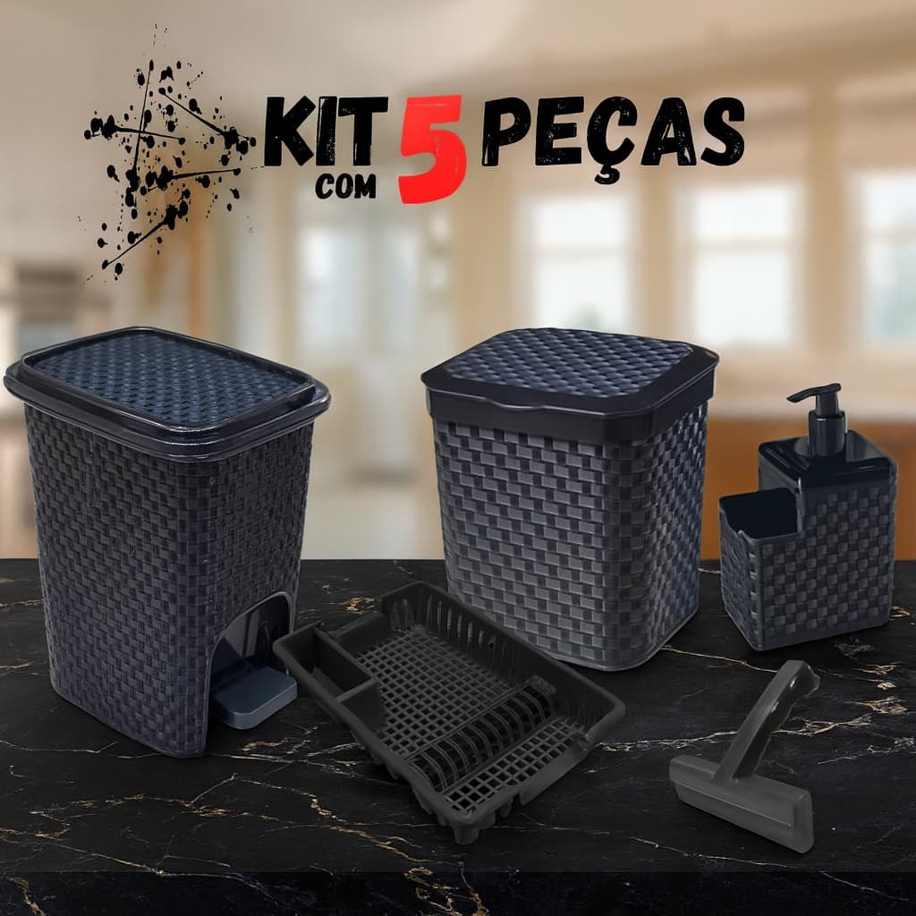 Kit Lixeira Pia 5 Litros + Lixeira 7 Litros + Porta Detergente + Rodinho de Pia + Escorredor Louça