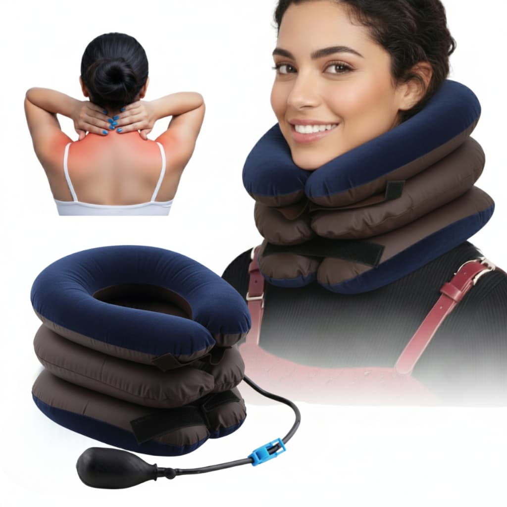 Colar Cervical Almofada de Tração Pescoço P/ Estabilização Inflável 3 níveis Viagem Trabalho Postura