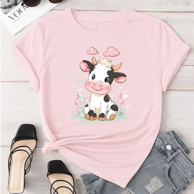 Camiseta Feminina Tshirt 100% Algodão Vaca Rosinha Fofa Delicada Animal Lançamento