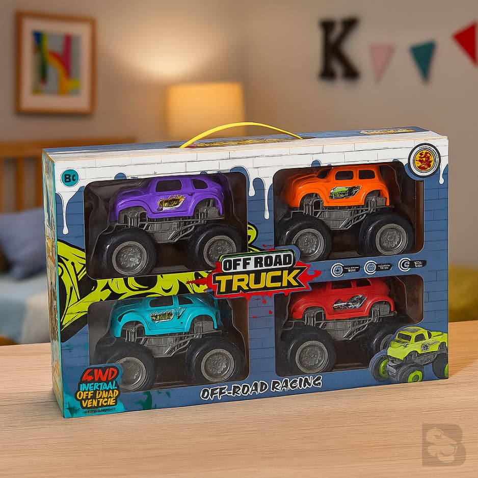 Kit 4 Carrinhos Monster Truck Off Road Com Maleta Toys Brinquedo Infantil Resistente Alta Qualidade