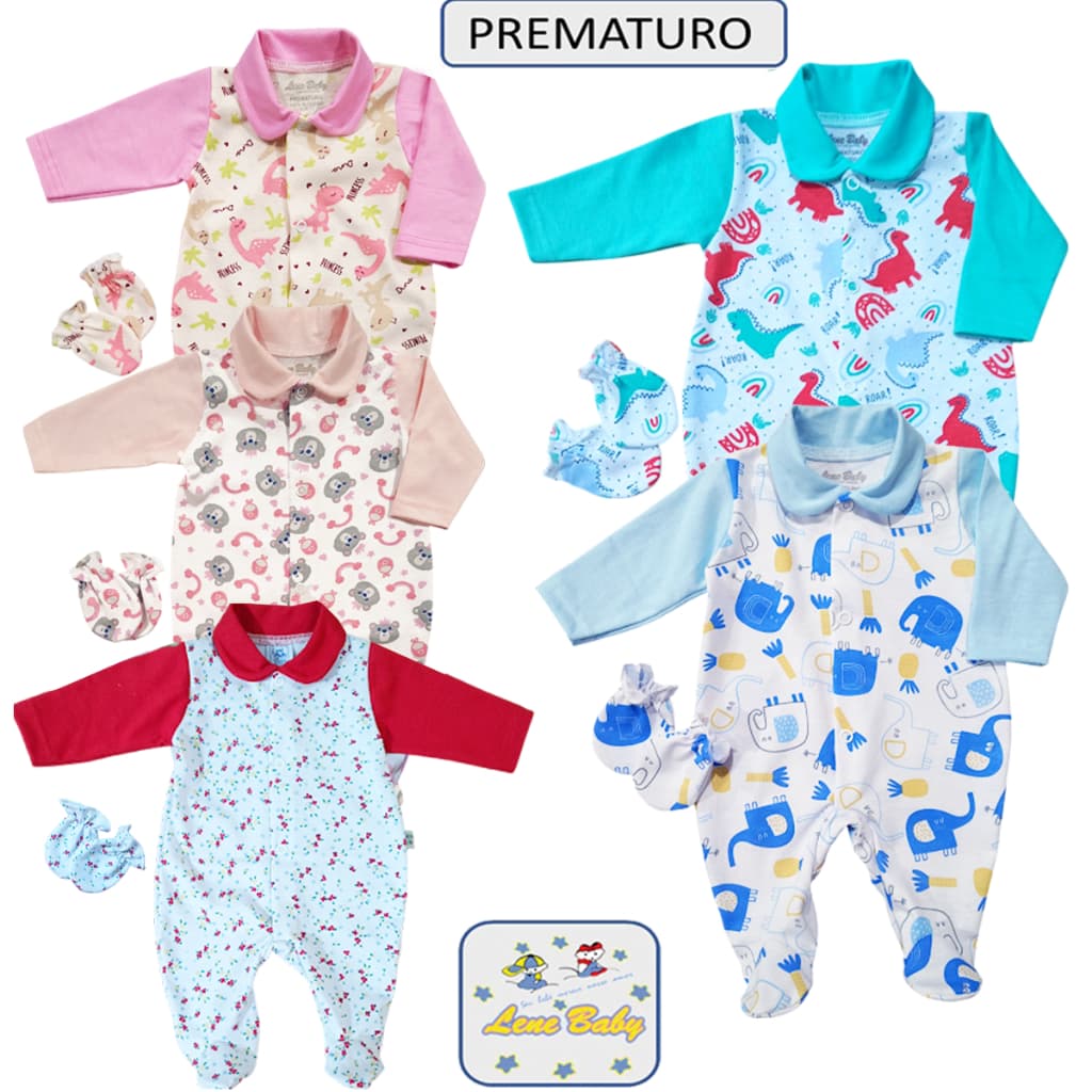 Macacão para bebê Prematuro e boneca Reborn Estampado brinde 1 Par de Luvas  LENE BABY
