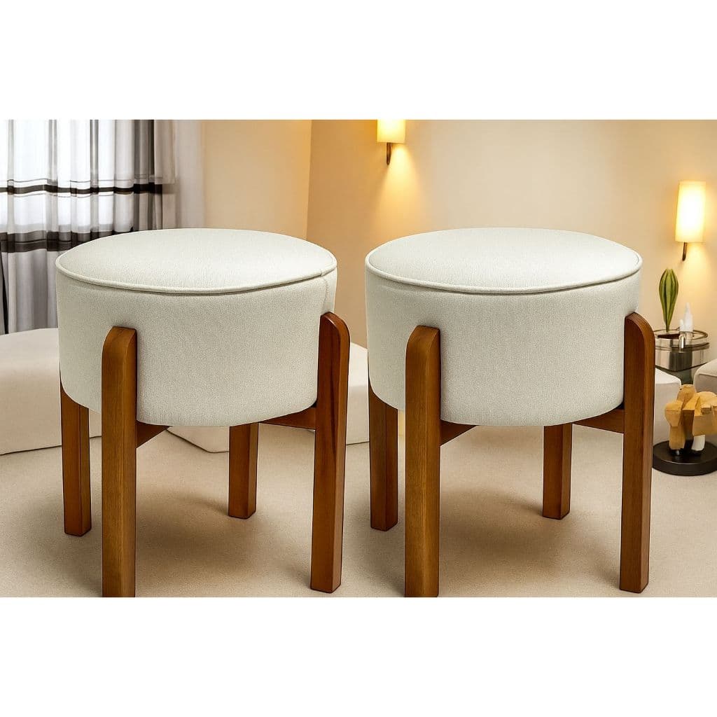 Puff Redondo Luna Linho Decorativo Banqueta Sala Luxo