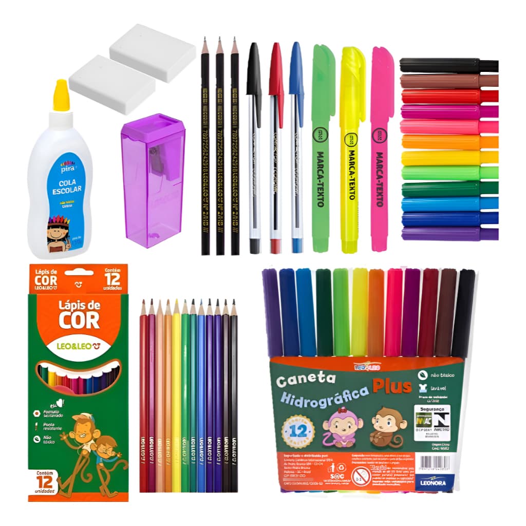 Kit Escolar Volta às Aulas Menina-15itens-Papelaria-Material Escolar-Marca Texto-Lápis-Apontador