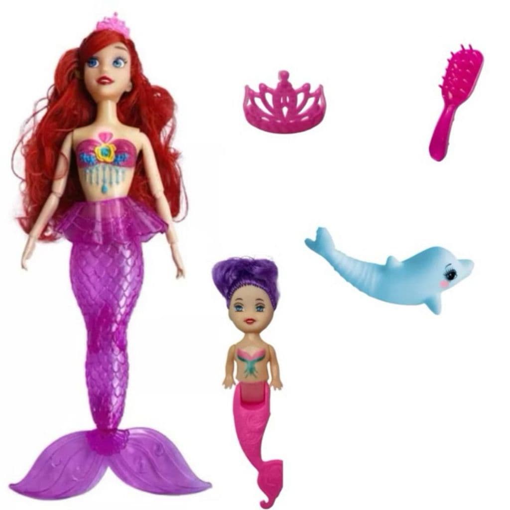Boneca Ariel Sereia Princesa 30Cm Com Luz E Música + 1 Sereia Pequena Brinquedo Infantil