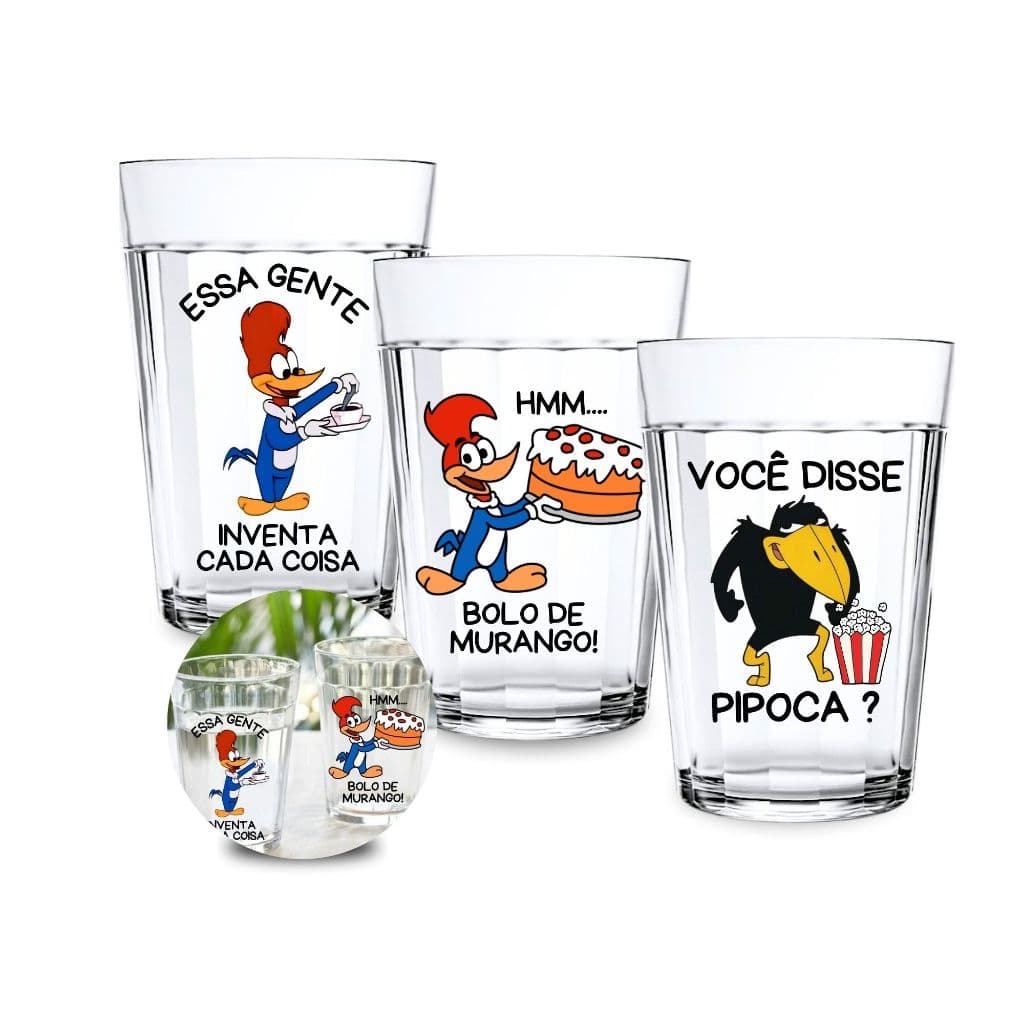 Kit 3 Copos Americanos Personalizado Pica Pau Frases Desenho 190ml Estampa Não Desbota Chopp Café