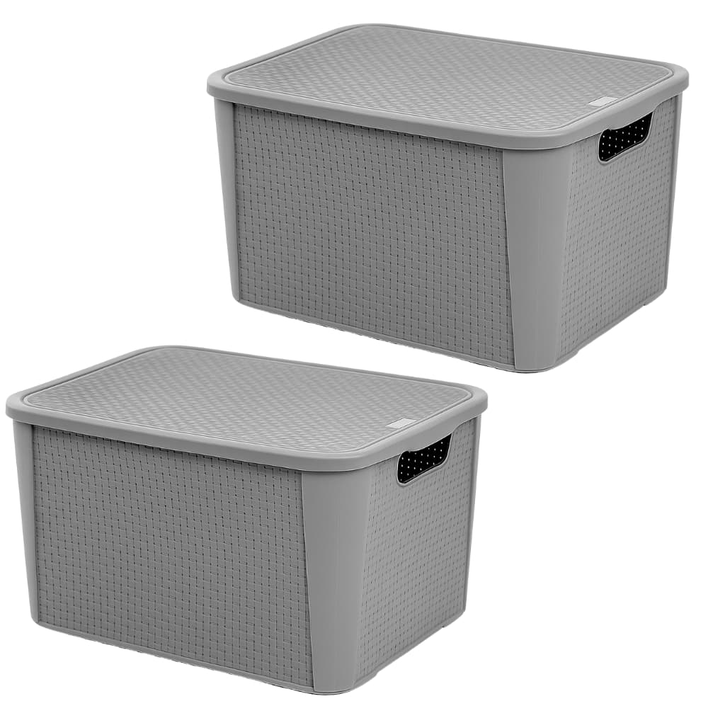 Kit 2 Cestos Organizadores Rattan com Tampa Cinza 17L Plasnew Caixa de Armazenamento Multiuso P2066