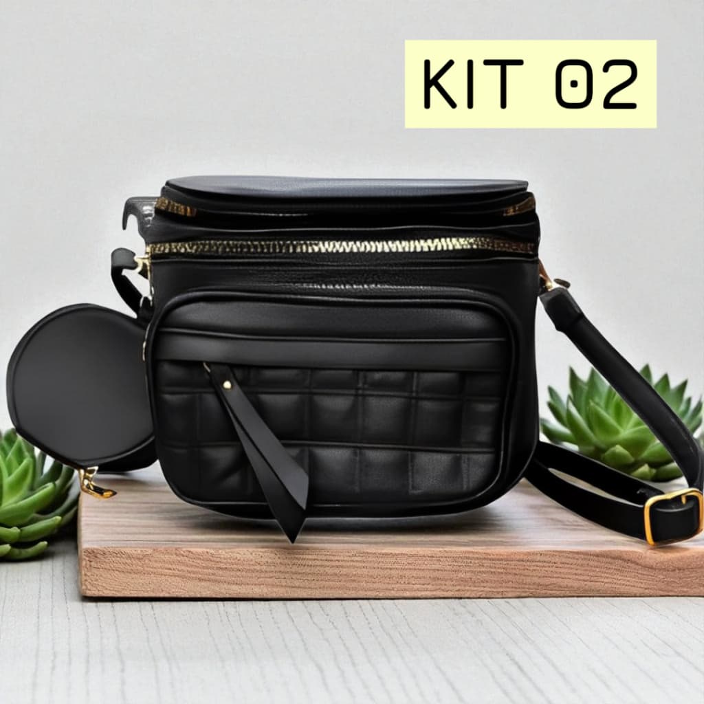 Kit 02 Bolsa Feminina Alça Ombro Transversal Lateral Couro Pu Com Bolsinha Porta Moedas