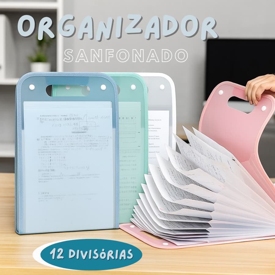 Organizador Sanfonado A4 Polipropileno 12 Divisórias para Documentos Pessoais e Profissionais