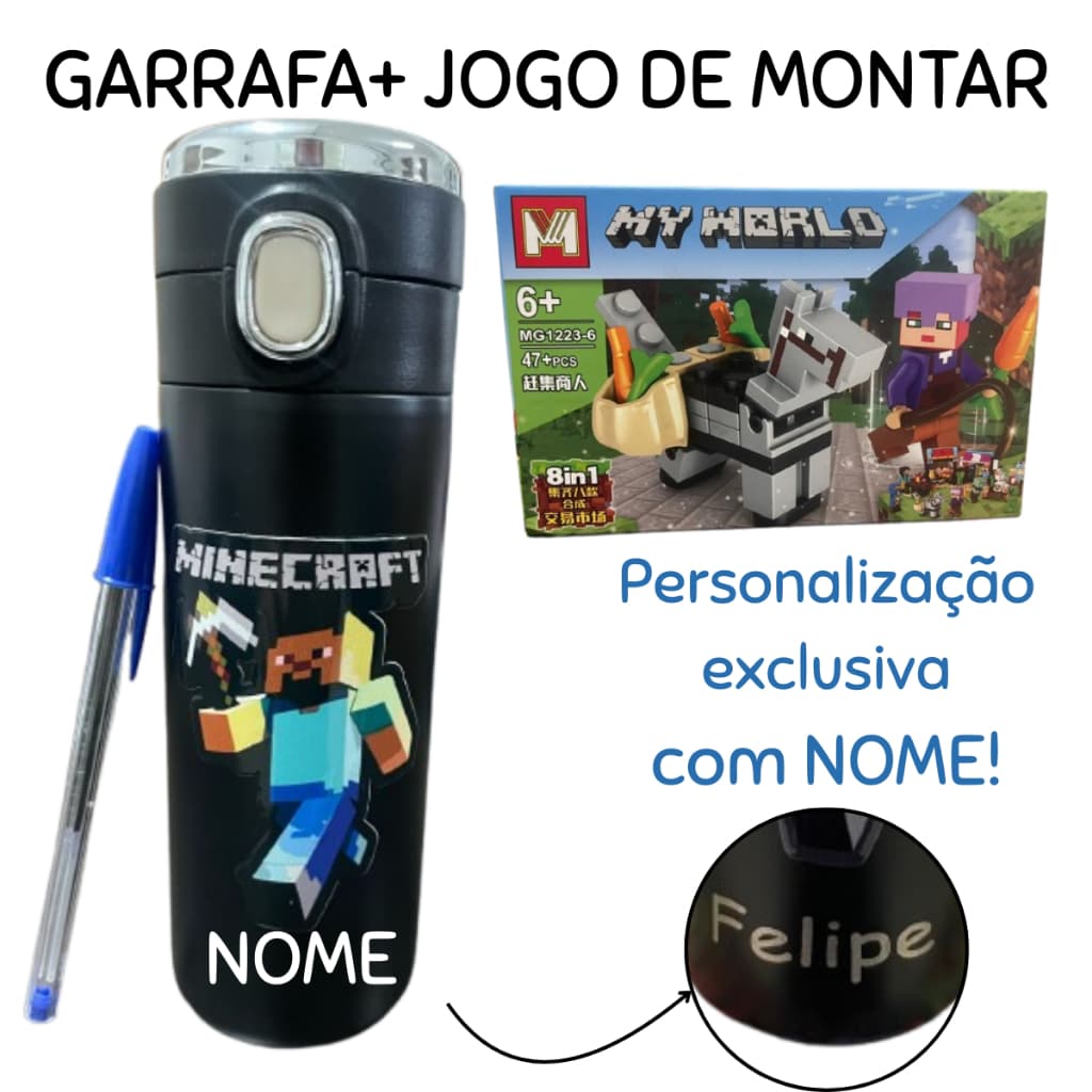 Jogo + Garrafa Térmica Com NOME PersonalizadaMinecraft Inox leito Digita Led Trava de Segurança  Adulto Infantil escola