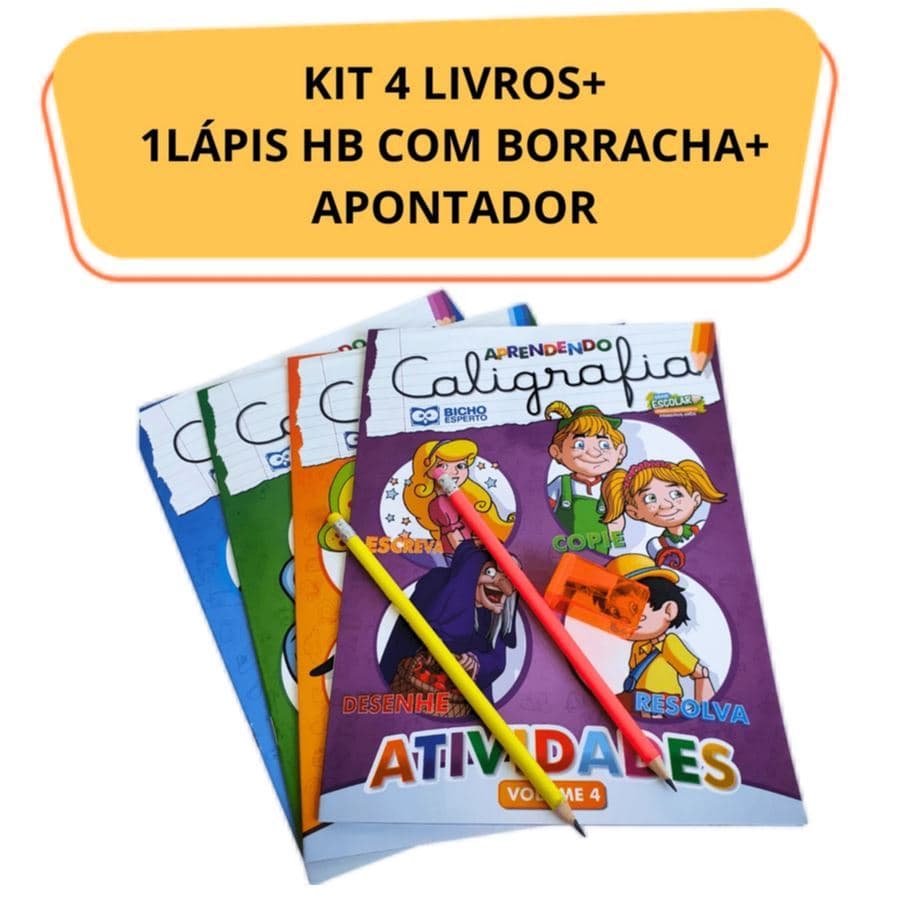 Kit 4 Livros de Caligrafia + 1 Lápis Borracha Neon HB + 1 Apontador com Depósito -  Apoio Escolar