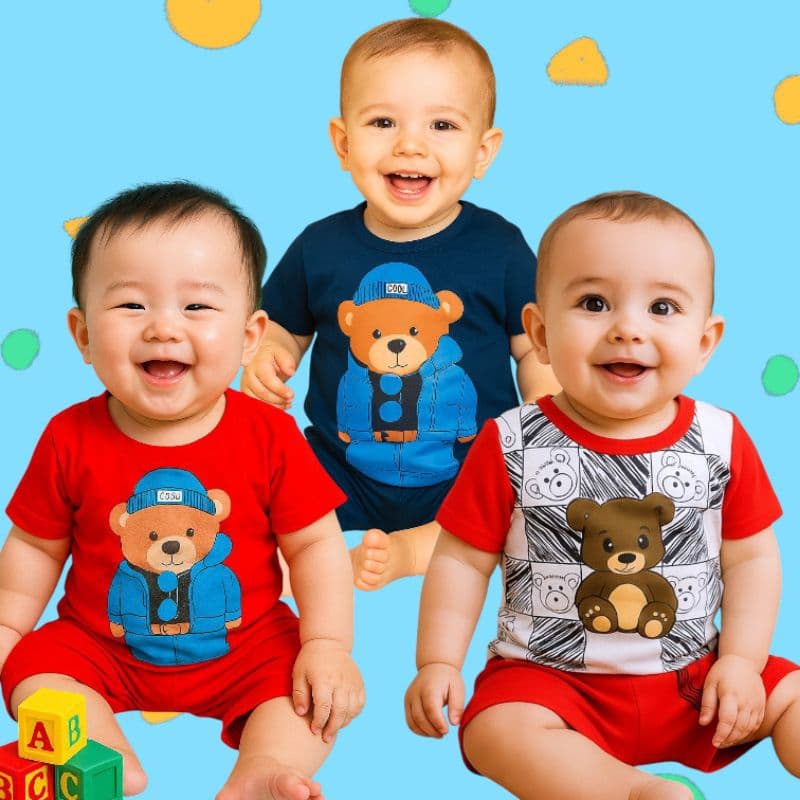 Kit Conjunto Baby Menino Urso mais Short 100% Algodão Roupinha Confortável Infantil Bebê Macio