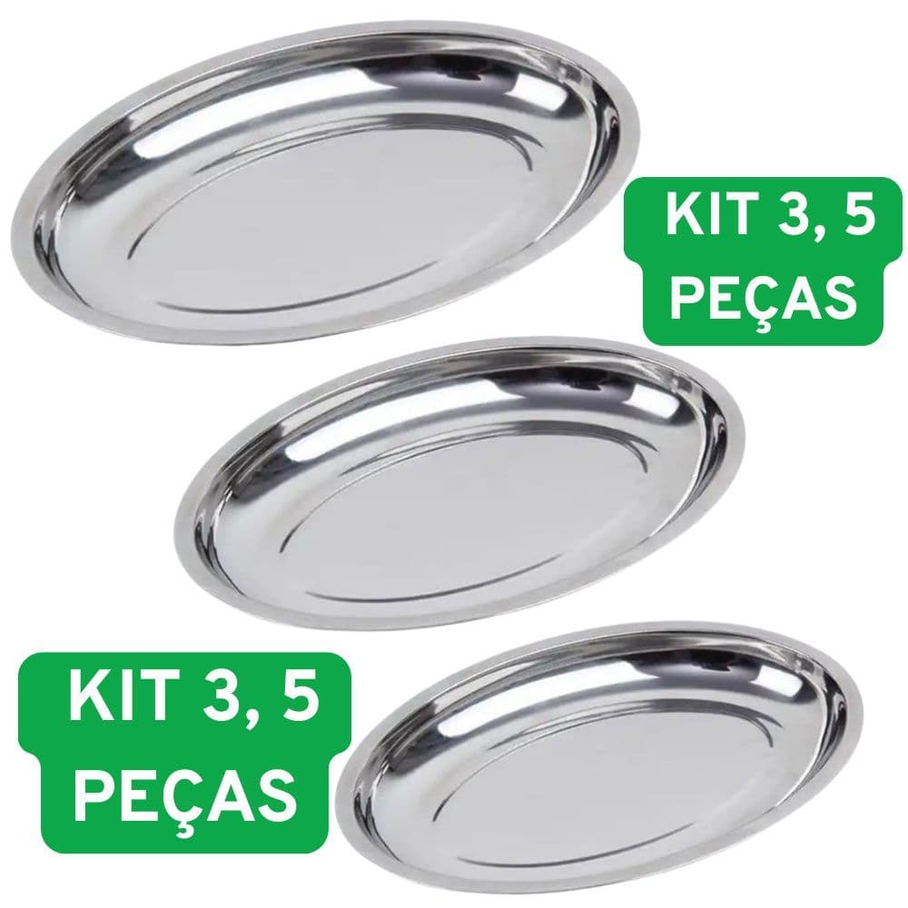 Kit 3 Travessa Oval Bandeja Inox Rasa 21 25 30cm Porção Lanchonete Cozinha