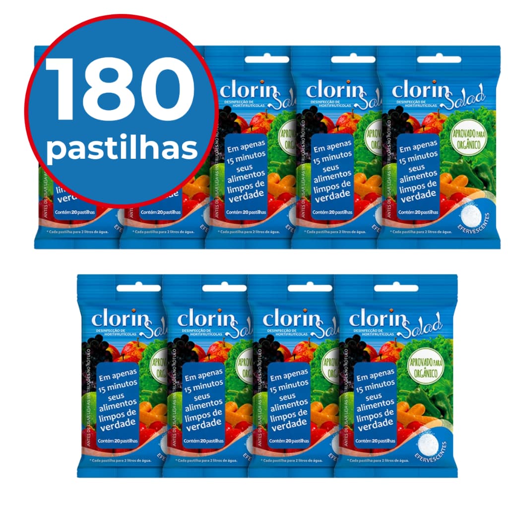 Kit 9 Clorin Salad - Pastilhas p/ Desinfecção Segura de Alimentos