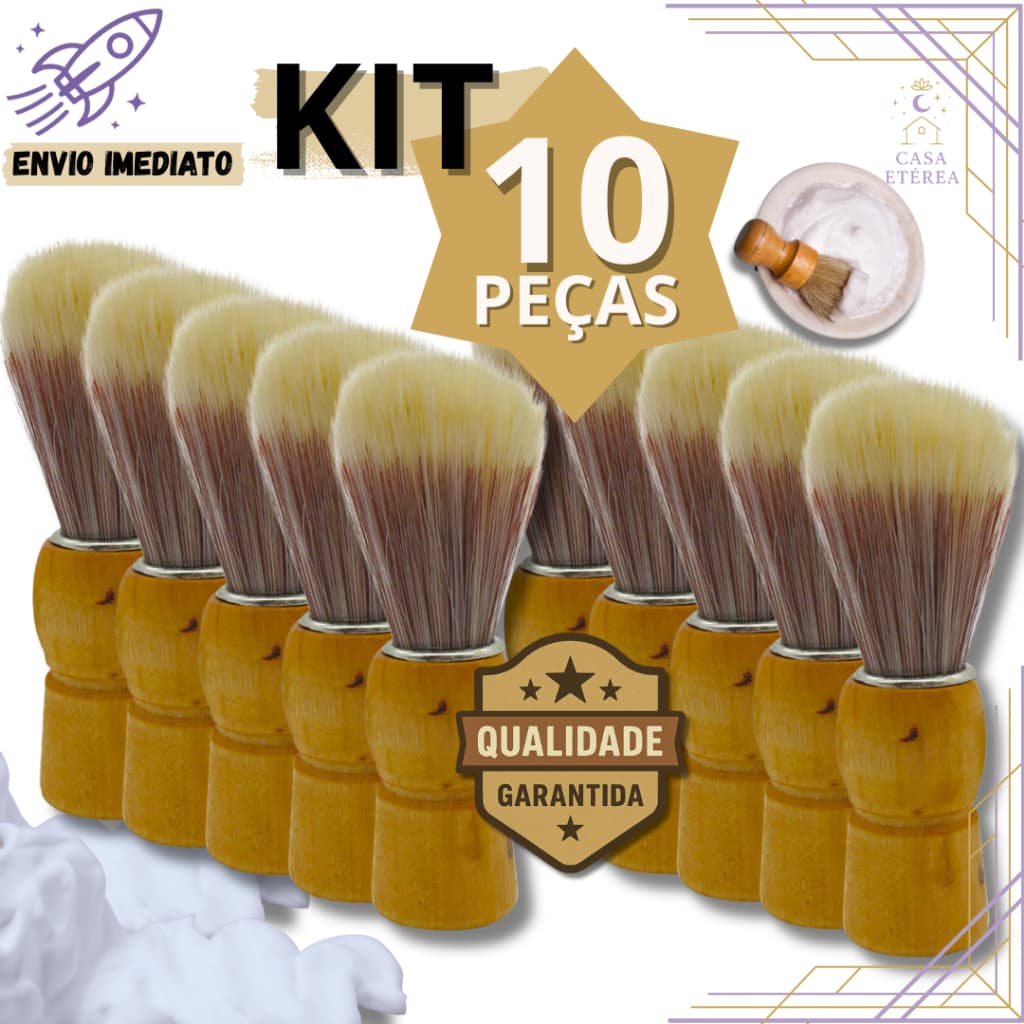 Kit 10 Pincel de Barbear Cabo Madeira Cerdas Macias para Barbeiros Profissionais em Barbearia Salão Casa
