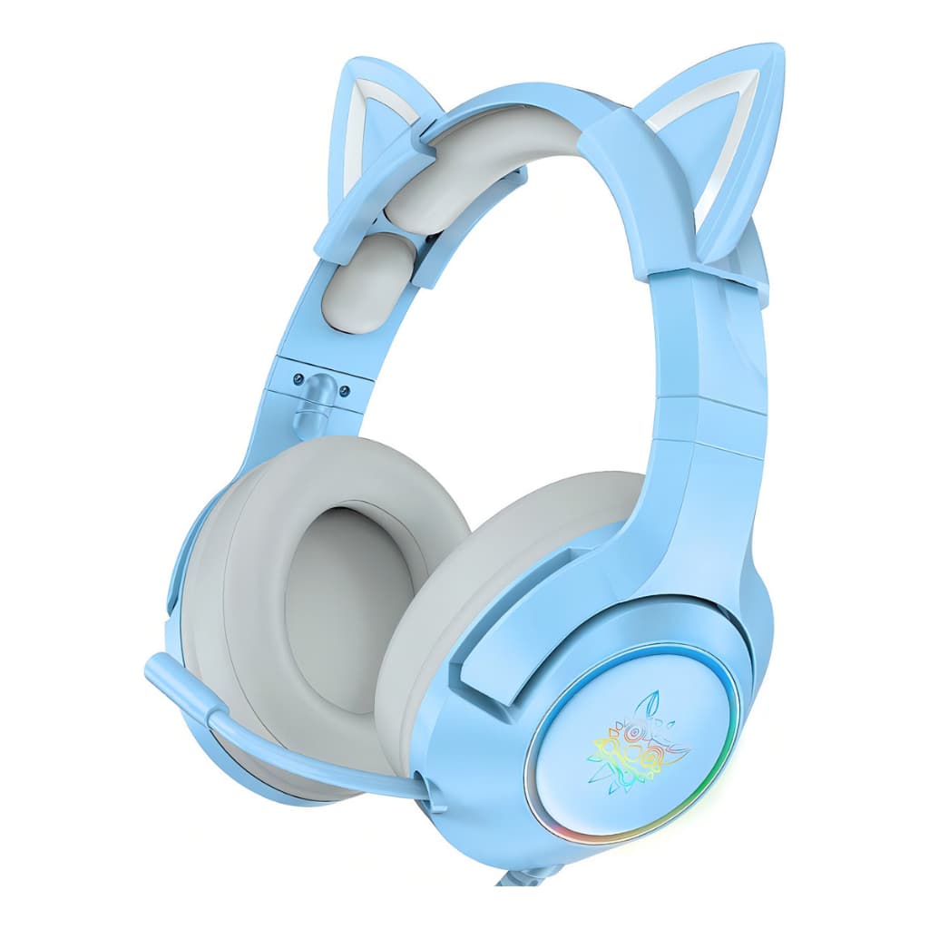 Headset Gamer Profissional Para Jogos Onikuma K9 RBG Luzes Orelha Gatinha Removivel Microfone Retratil Cor Azul Celeste
