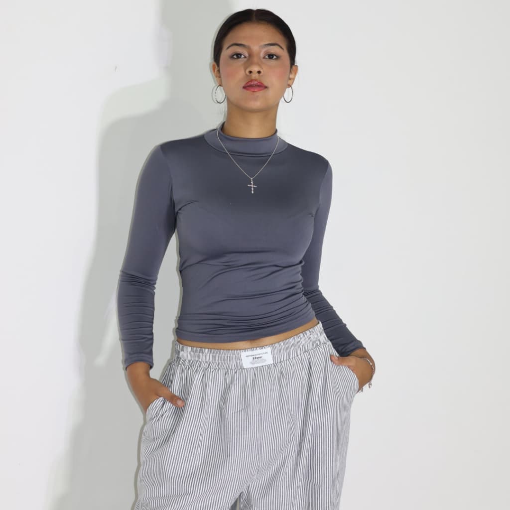 Blusa Segunda Pele Manga Longa Gola Alta Básica Casual Tecido Suplex - Cinza