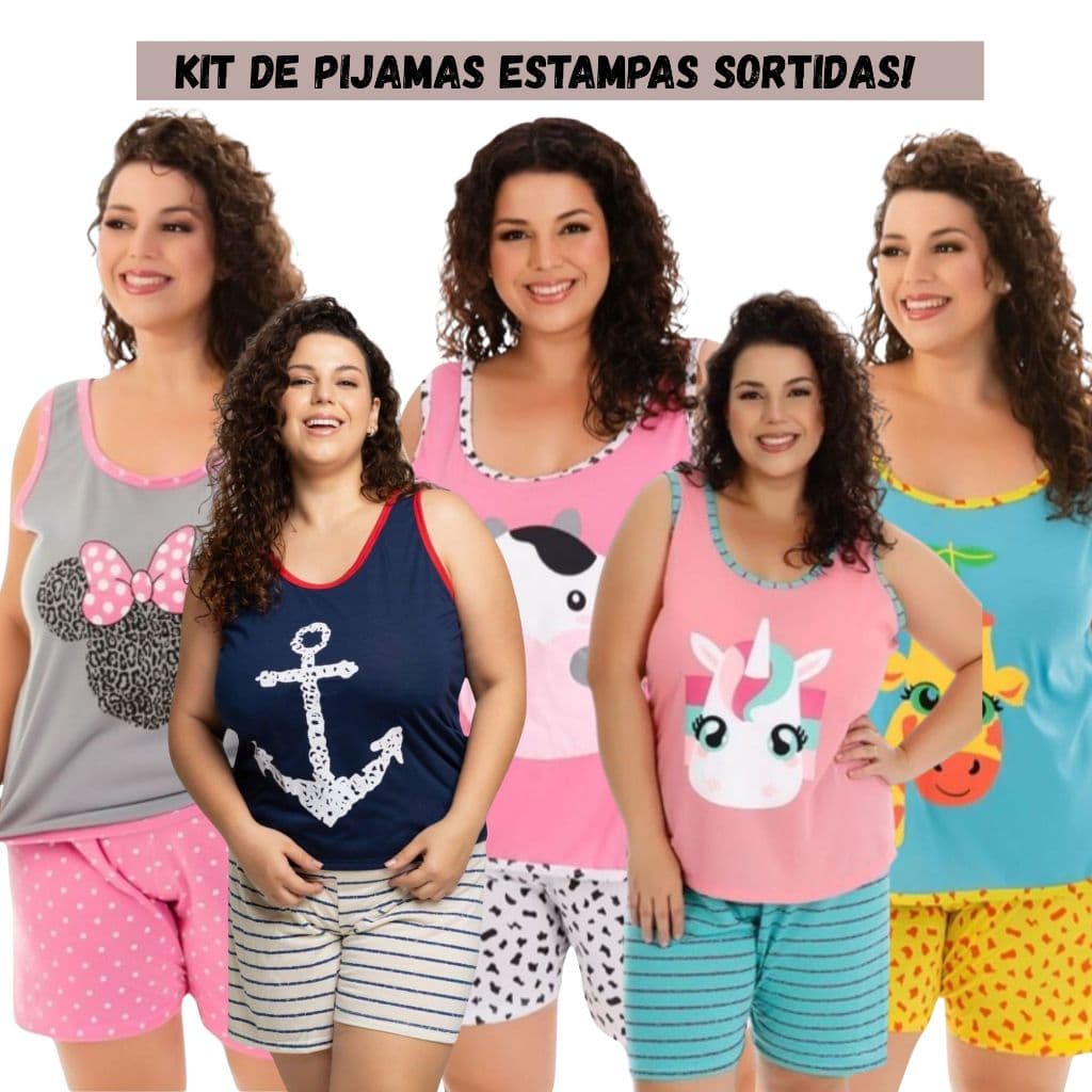 Baby Doll Plus Size Kit com 2 Pijamas Feminino Regata em malha Estampas Sortidas (48/50/52/54/56)
