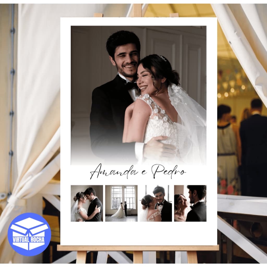 Quadro Decorativo com 5 Fotos e Nome para Casamento Personalizado em MDF com Acabamento Premium
