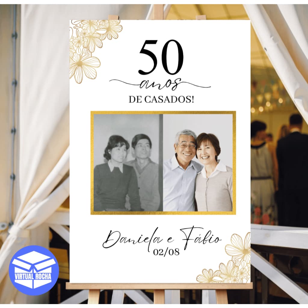 Quadro Decorativo Bodas de Ouro 50 Anos com 2 Fotos, Nome e Data Personalizado em MDF Especial