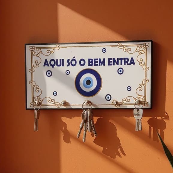 Porta Chaves de Parede MDF 5 Ganchos Decorativo Minimalista com Prateleira Moderna Olho Grego