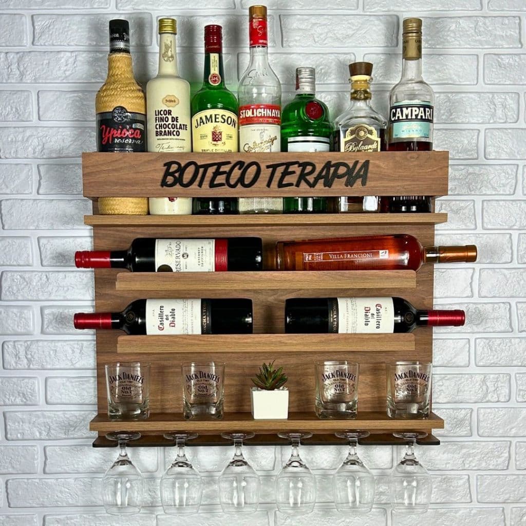 Barzinho com Adega de parede Decoração para Sala Expositor de Whisky com Porta Copos e porta taças varios modelos