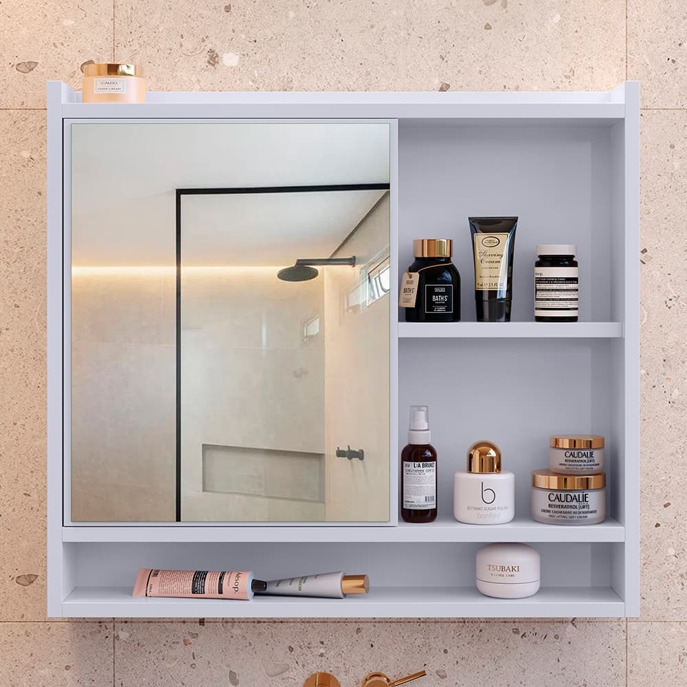 Espelheira Aqua suspensa para banheiro com porta de espelho e porta escova - Una