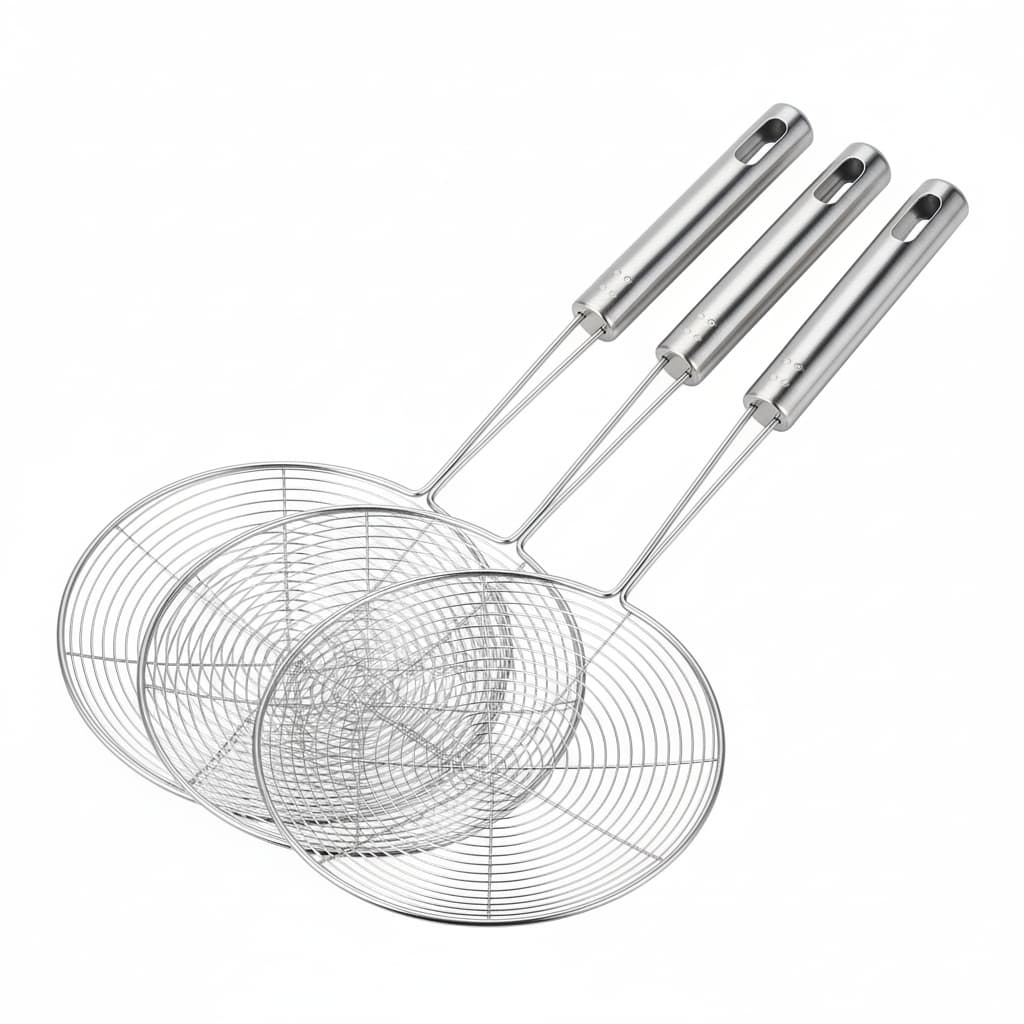 Kit 3 Escumadeira Grande Aço Inox 38cm com Cesto 20cm Escumadeira para Pastel e Batata Frita