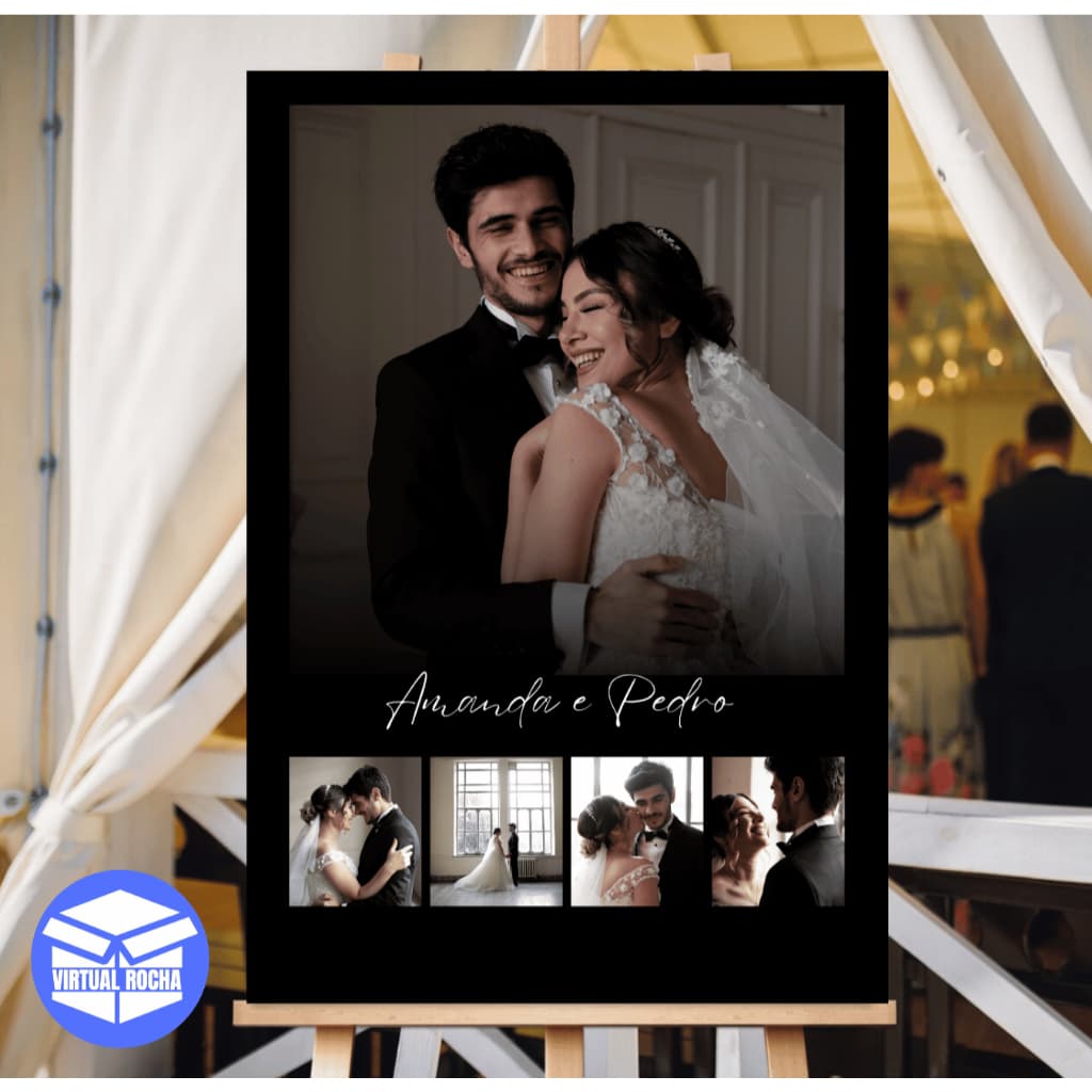Quadro Decorativo Casamento com 5 Fotos e Nome do Casal Fundo Preto Estilo Moderno em MDF