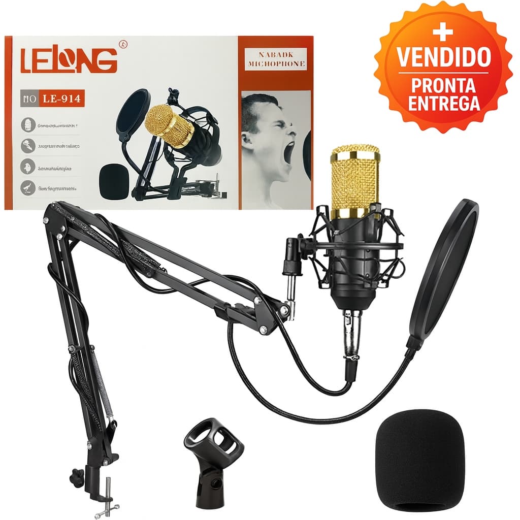Microfone Condensador Suporte de Mesa Pop Filter Espuma Profissional Podcast Gravação e Estúdio