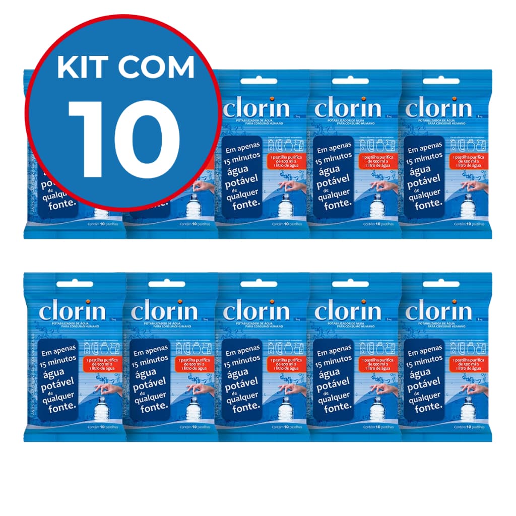 Kit c/ 10 Clorin 1 - Purifica Água em Viagens, Acampamentos e Trilhas