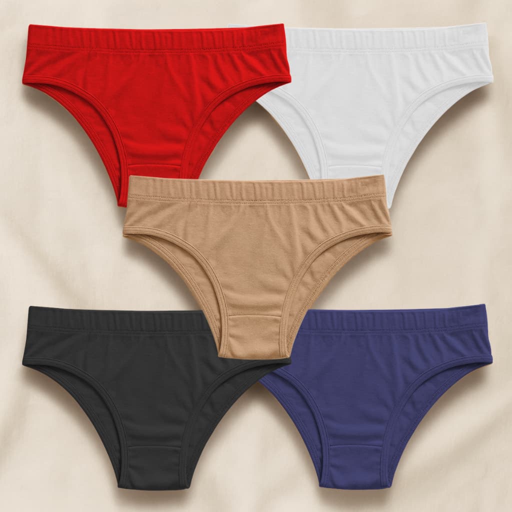 Kit 5 Calcinhas De Algodão com Elástico e Cintura Média – Cotton Premium, Leves e Respiráveis