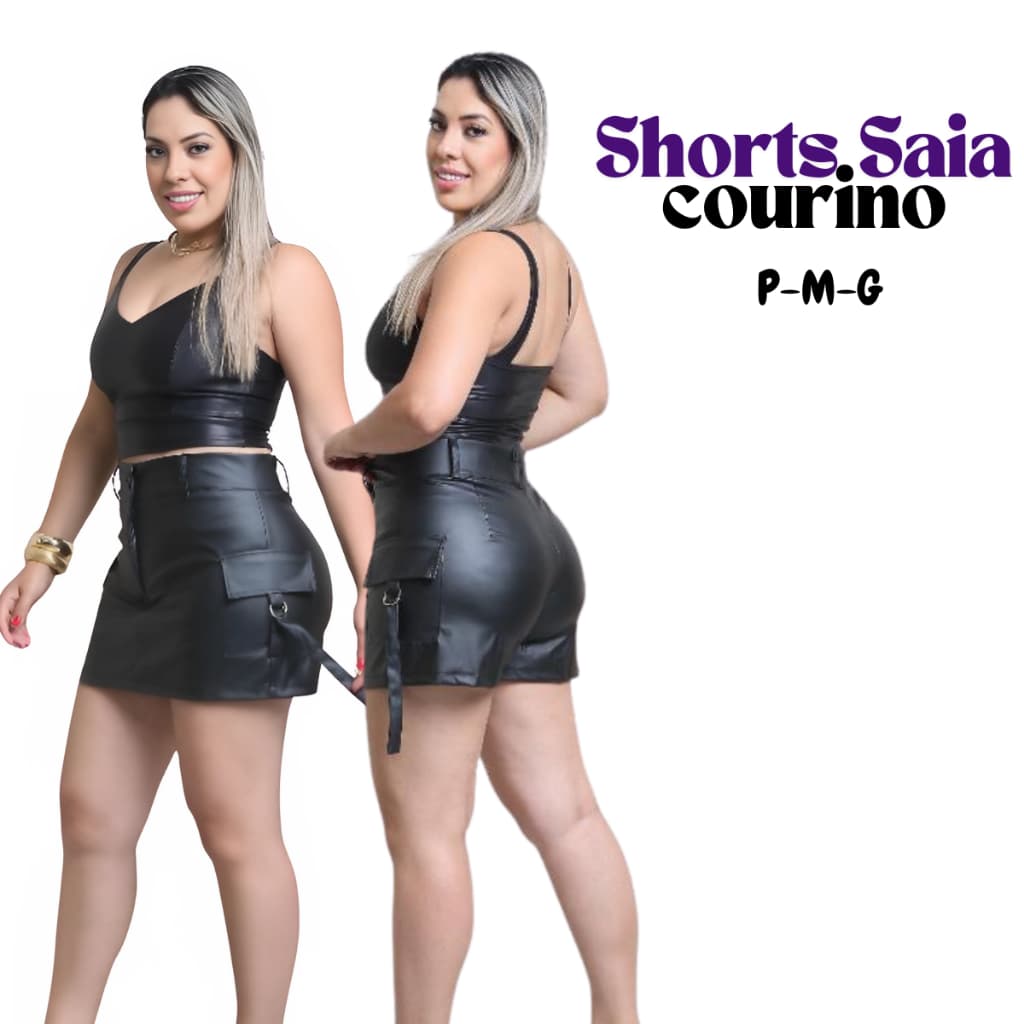 Shorts Saia Cargo Feminino Couro Fake Courino Modelo Com Bolso