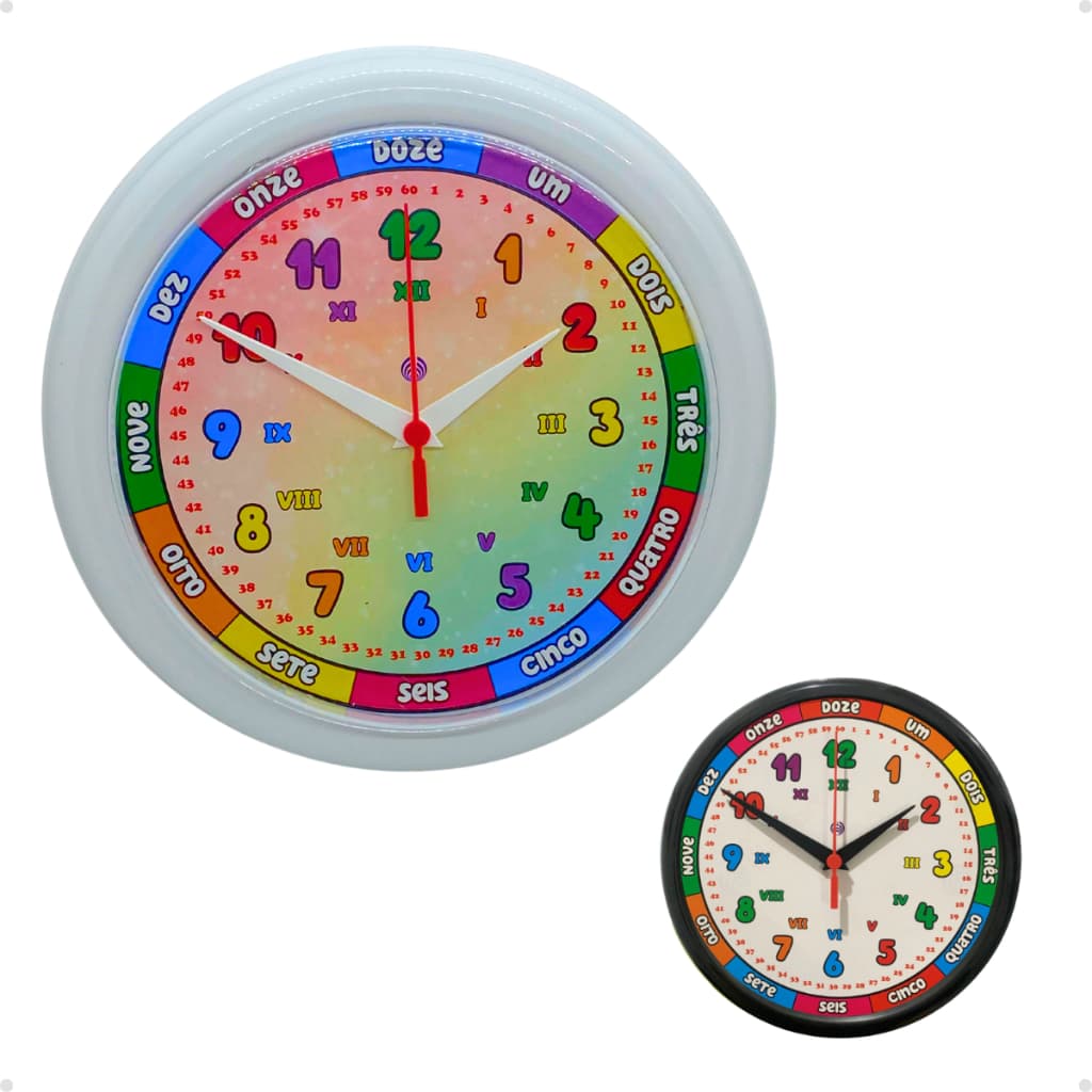 Relógio Parede Educativo Infantil Colorido Didático 24,5cm Branco ou Preto Plasfort