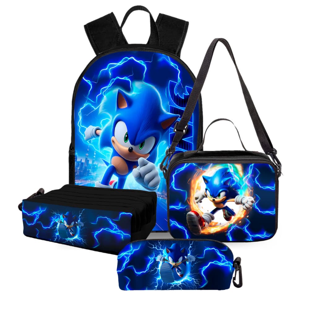 Kit Mochila Escolar Sonic Reforçada com Lancheira + Estojo 1 Divisão + Estojo 3 Divisões Infantil