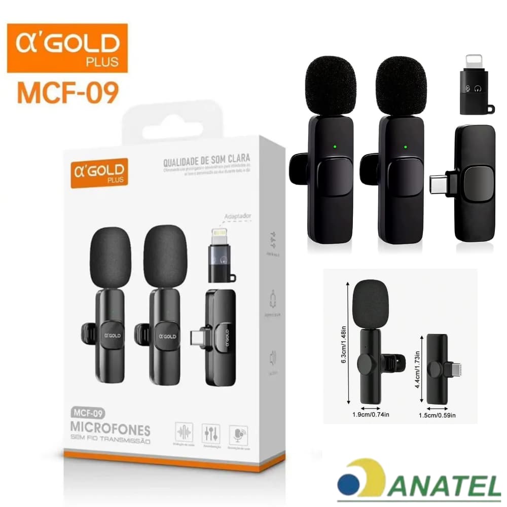 Microfone Lapela A’Gold Plus MCF-09 Duplo | Sem Fio, Plug & Play, Redução de Ruído, Vídeo e Vlog