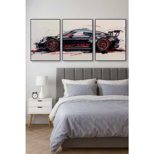 Quadro Decorativo Carro Esportivo Porsche GT3 RS Moderno Kit 3 Peças MDF