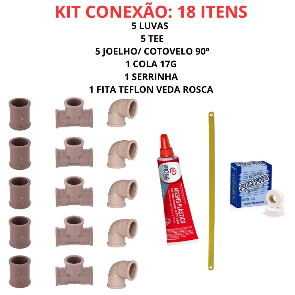 Kit Instalação Conexões Hidráulicas PVC 25mm 3/4 Joelho Tee Luva Cola Serrinha