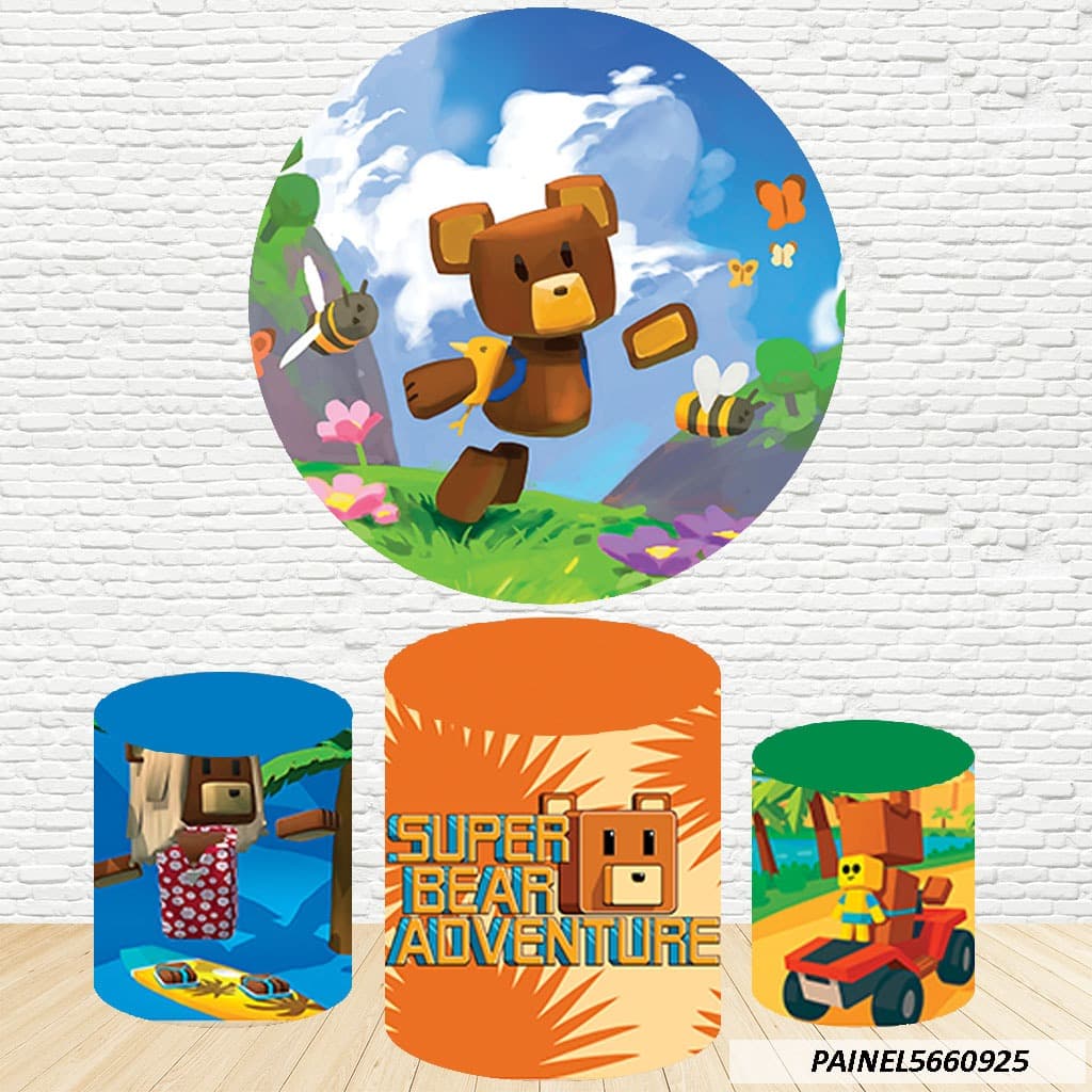 Kit de Capas Painel Redondo Sublimado Bear Adventure 1,50M + Trio Capas de Cilindro C/Elástico