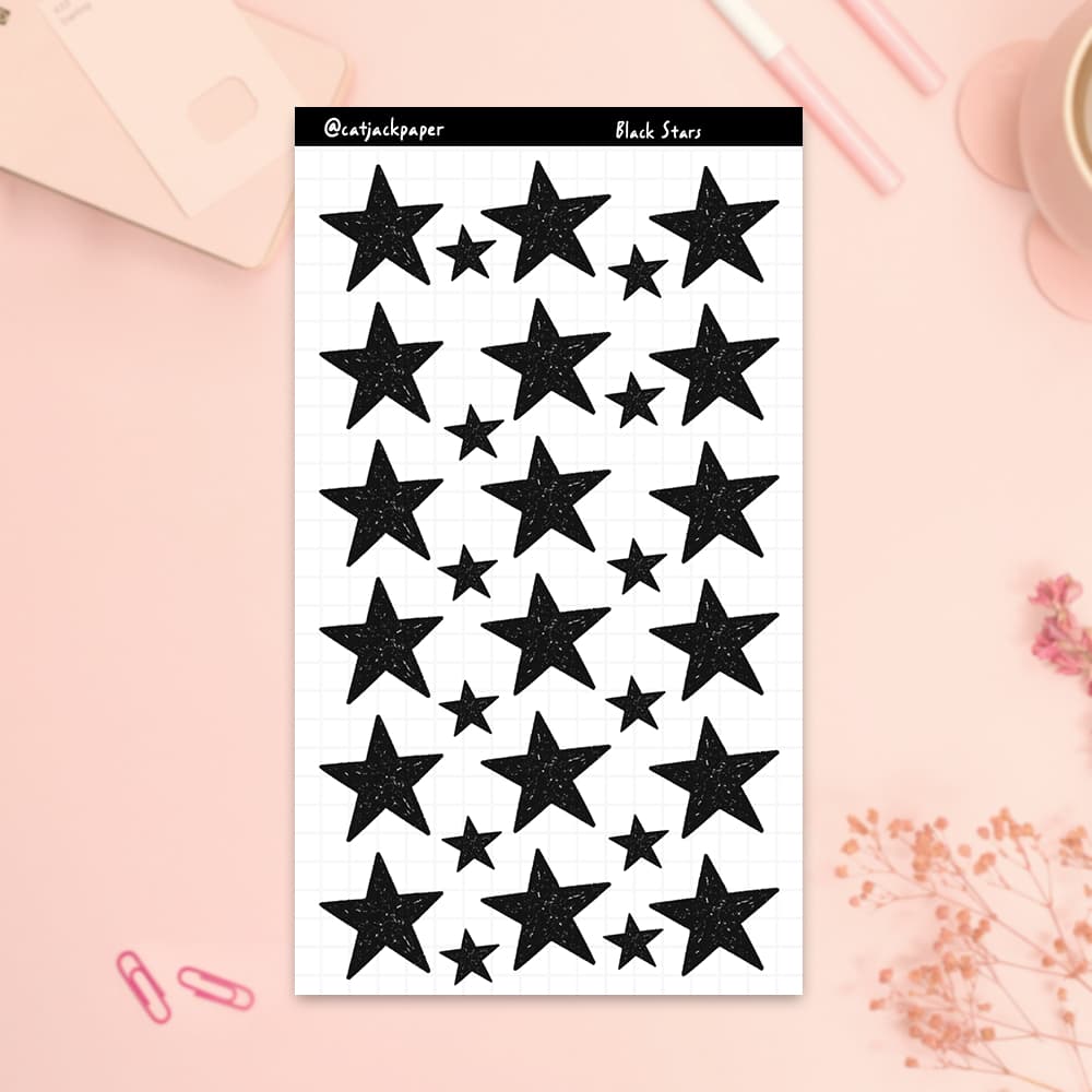 Adesivos Estrelinhas - Cartela de adesivos Decorativos com Estrelinhas Pretas para Bullet Journal, Cadernos, Diários