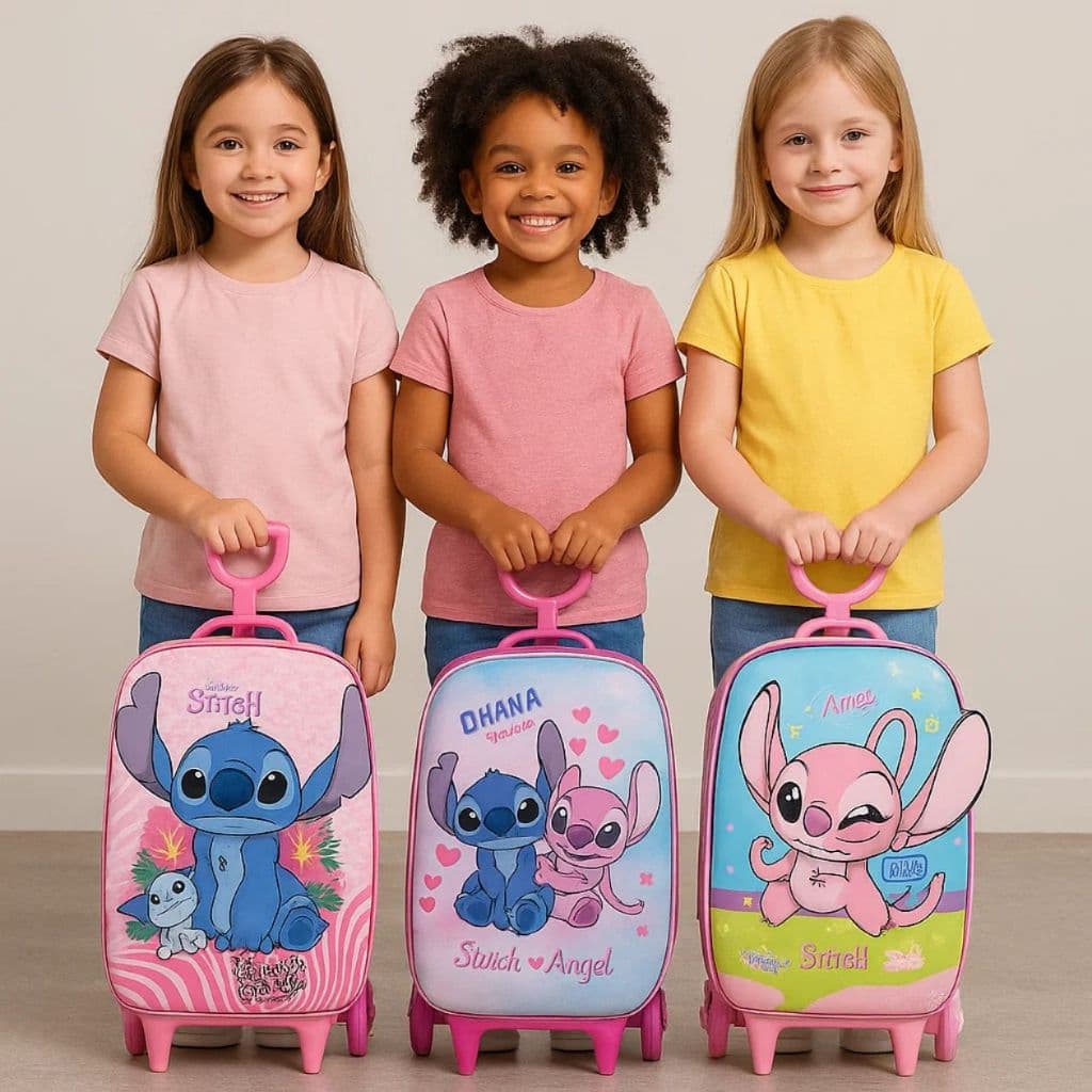 Mala Mochila Infantil Menina Menino Angel Stitch 3D  Rodinhas Viajem Escola passeios Oficial Disney 20 Litros até 5 kg