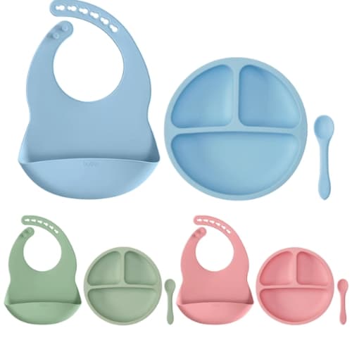 Kit Refeição Para Introdução Alimentar De Silicone Com Prato De Ventosa Babador e Colher Buba