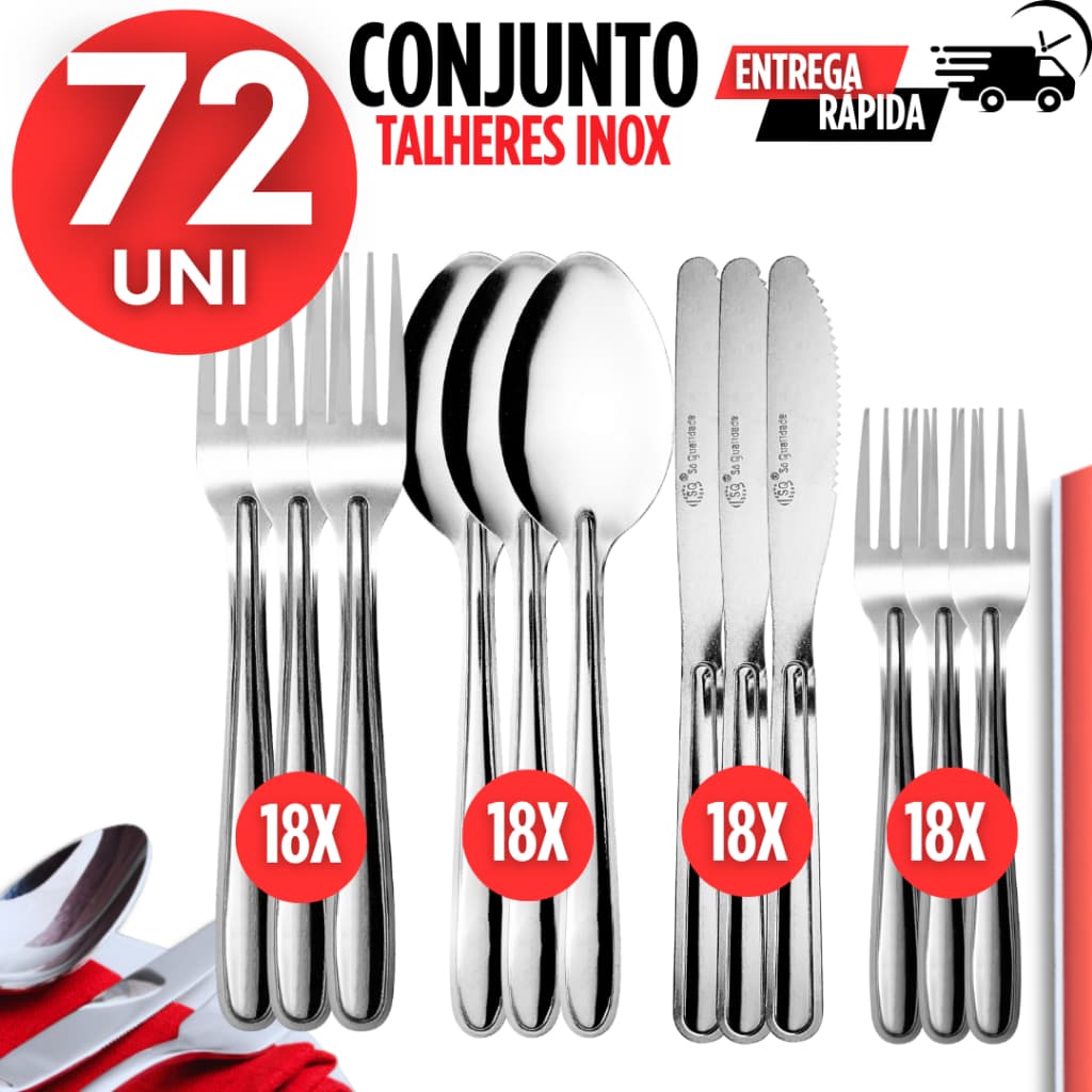 Jogo 72 Talhere de Aço Inox – Facas Garfos Colheres e Garfo de Sobremesa Ideal para Bar buffet